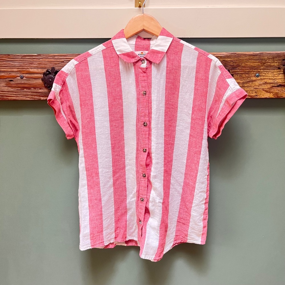 Marine Layer Womens Red White Striped Linen Blend Short Sleeve Button Down Shirt